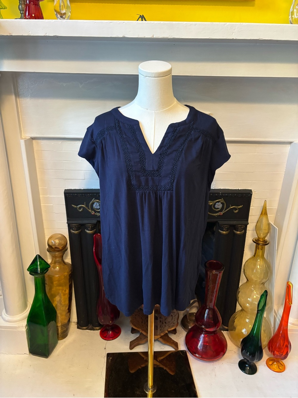 Daniel Rainn Navy Split V-Neck Embroidered Short Sleeve Tunic